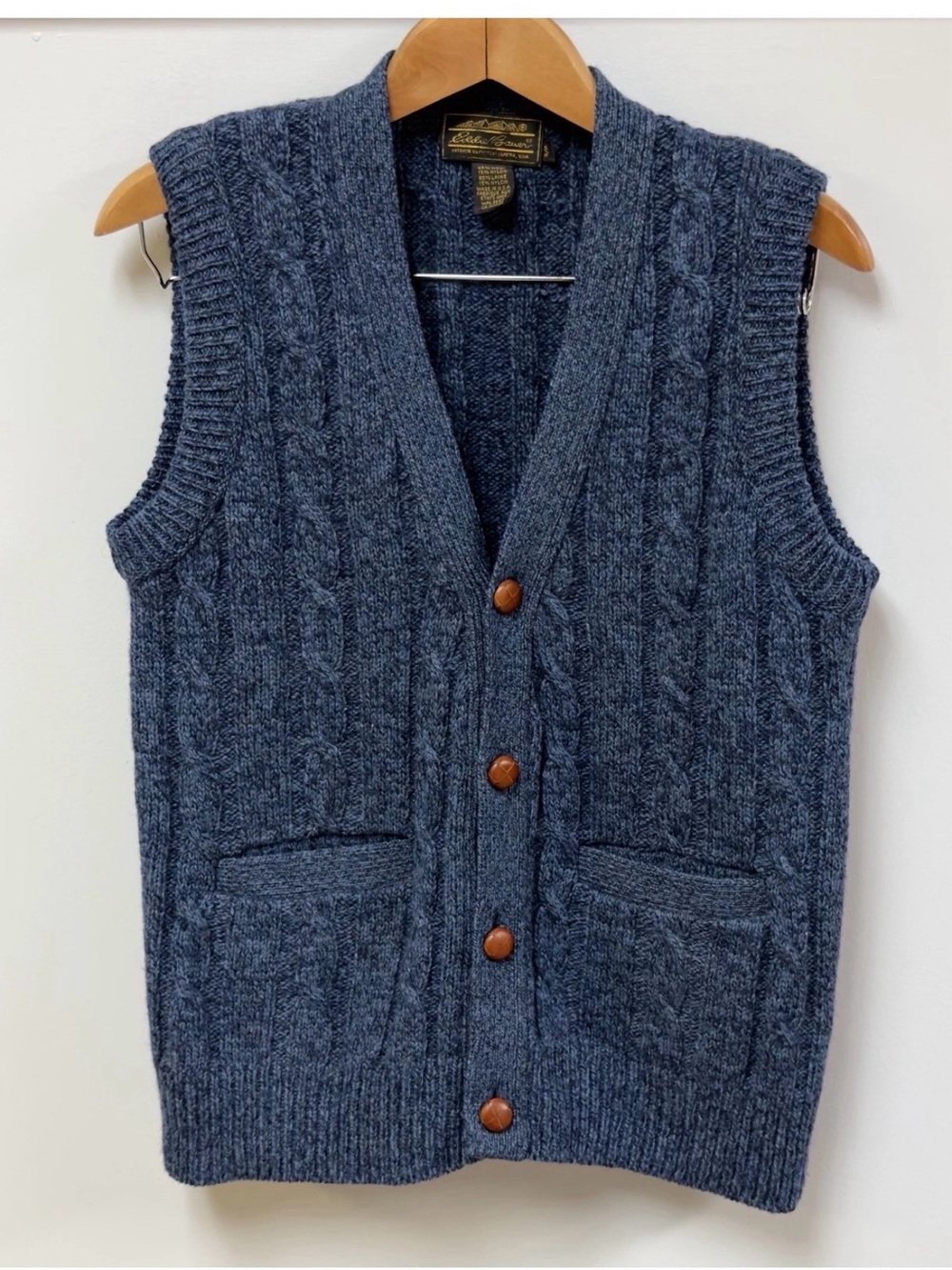 VTG Eddie Bauer Wool Cable Knit Sweater Vest Heathered Gray USA Made Mens Sz S